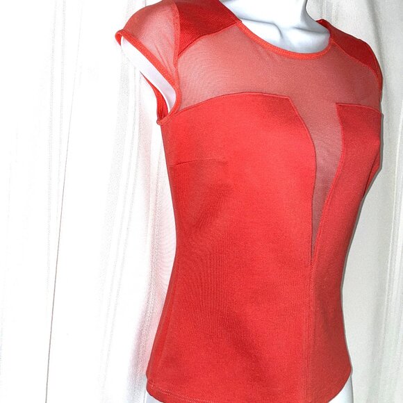 NWT GUESS Size XS Sheer Mesh V Neck, Cap Sleeves, Sexy, Coral - Picture 4 of 8